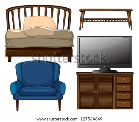 Illustrations of a bed, center table, chair, and tv set on white background.