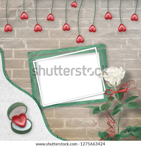 Festive greeting card with white rose, bow and symbolic heart in gift box on paper background for Valentine's Day greetings