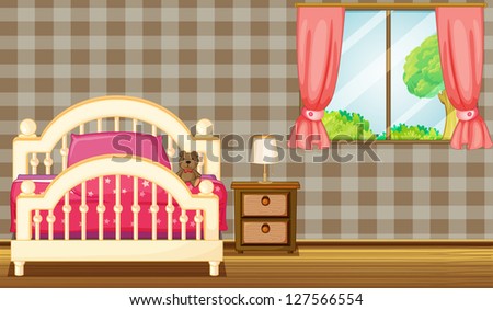 Illustration of a bed beside a window on a sunny day.