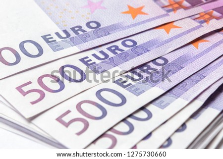 500 euro money banknotes like fan. Five hundred notes of European Union currency. Stack of euro money cash close-up. Concept of bank, success, riches, euro, finance, EU and wealth.