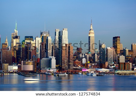 Manhattan Midtown skyline at dusk over Hudson River, New York City