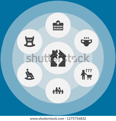 Set of 7 people icons set. Collection of man in armchair, large family, father in market and other elements.