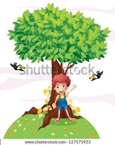 Illustration of a young boy standing under a big tree with two birds on a white background