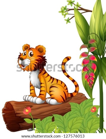 Illustration of a tiger above a trunk on a white background
