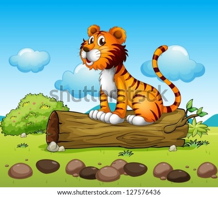 Illustration of a tiger relaxing above a trunk