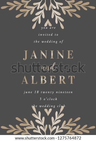 Wedding invitation template with golden leaves on dark gray background and sample text layout. Vector greeting card, bridal shower, brochure design, scalable to 5x7 inches.