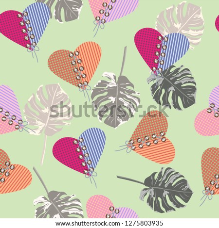 Seamless background with tropical leaves and hearts. Design for cloth, wallpaper, gift wrapping. Print for silk, calico and home textiles. Vintage natural pattern for Valentine's Day, weddings.