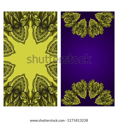 Visit Card Template With Floral Mandala Pattern. Vector Template. Islam, Arabic, Indian, Mexican Ottoman Motifs. Hand Drawn Background. Green, purple color.