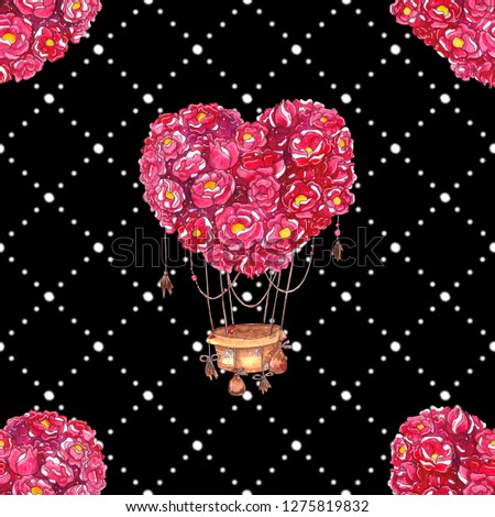 Watercolor Seamless pattern with hot air balloon and heart of flowers. Perfect design for wedding invitations, wall posters, digital projects, scrapbooking, decoration for cards, textiles.