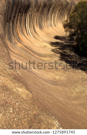 Wave Rock is a natural rock formation that is shaped like a tall breaking ocean wave and which is known as "Hyden Rock". Wave Rock Country, Western Australia, Australia.