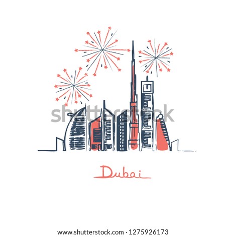 Dubai cityscape with skyscrapers and landmarks and fireworks in the sky vector illustration
