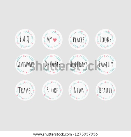Set of 12 vector icons with wreathes for your business, network, scrapbooking, bullet journal, etc.  Royalty-Free Stock Photo #1275937936