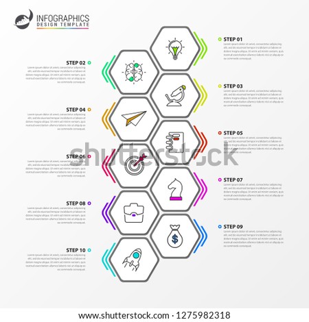 Infographic design template. Timeline concept with 10 steps. Can be used for workflow layout, diagram, banner, webdesign. Vector illustration