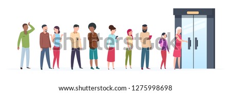 Open door queue. Trending people characters standing outside young adult customer line group stylish clothes. Flat vector illustration Royalty-Free Stock Photo #1275998698