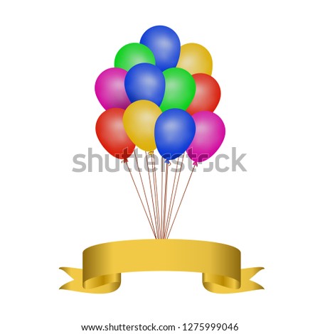 Multicolored helium balloons with a golden ribbon, festive vector illustration on white background