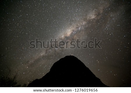 Beautiful defocused picture of milky way scenery with large silhouette termite nest on foreground at Karijini National Park Western Perth, Australia