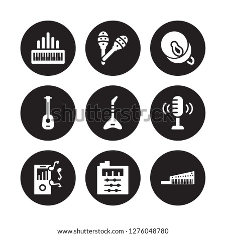 9 vector icon set : Organ, Maraca, Mp3, Voice recording, Jazz, Cymbal, Ukelele, Sound mixer isolated on black background
