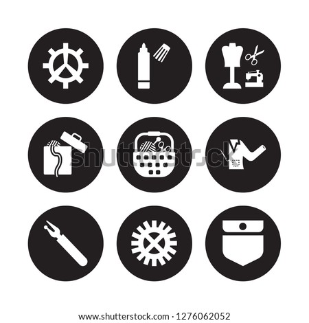 9 vector icon set : Spokes, sewing Marker, Seam, Sew Pattern, Sewing basket, Craft, box, Rotary isolated on black background