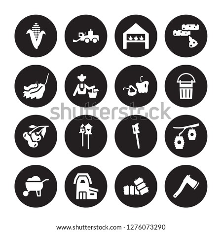 16 vector icon set : Corn, Bale, Barn, Barrow, Beehive, Axe, Caterpillar, berry, Capsicum isolated on black background