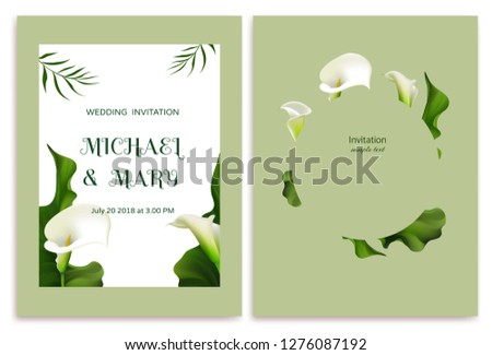 Wedding invitation. Flowers. Palm leaves. Callas. Green leaves. Floral background.
