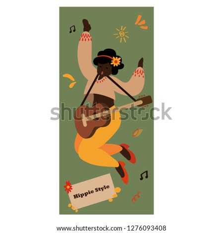 hippie girl with guitar in flat style, vector illustration