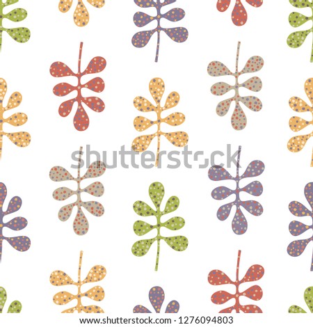 Seamless background with decorative spotted leaves in green, blue, red and grey colors placed in direct and inverse positions on white backdrop