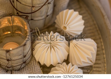 White origami christmas decorations. Horizontal composition.