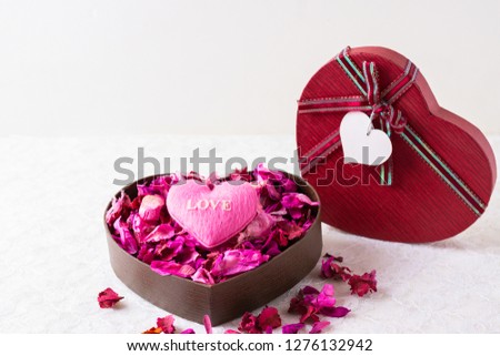 pink heart on roses flower in box heart on white background