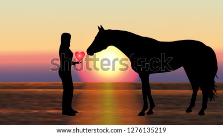 Romantic equestrian background. Girl gives the horse a heart at sunset - vector illustration with silhouettes. Beautiful abstract landscape. For prints, desktop wallpaper, web design. Royalty-Free Stock Photo #1276135219