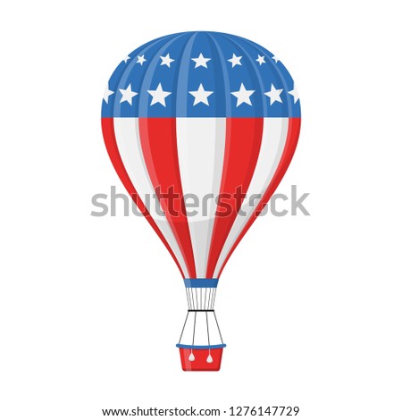 Aerostat Balloon usa flag transport with basket icon isolated on white background, Cartoon american ballooning adventure flight, ballooned traveling flying toy, Vector illustration