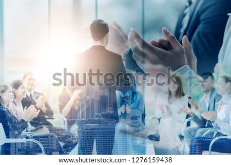 Business Event Congratulated the success of the organization. Group of business finance office. The organization of conferences, event ,seminars, asian, Celebrate business. Double Exposure Effect. Royalty-Free Stock Photo #1276159438