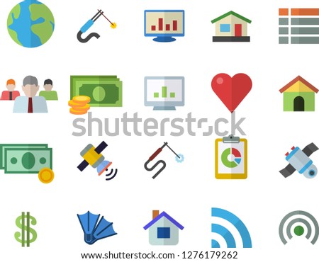 Color flat icon set house flat vector, welding, earth, graphic report, cash, dollar, team, heart, computer chart, satellit, flippers fector, menu, broadcast