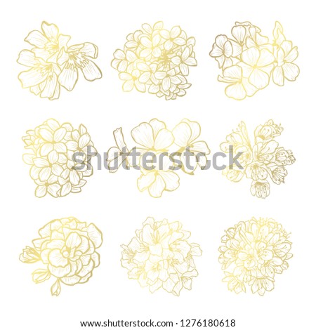 Decorative hand drawn flowers, design elements. Can be used for cards, invitations, banners, posters, print design. Golden flowers