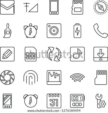 Thin Line Icon Set - mobile vector, call, update, camera, themes, alarm, stopwatch, mail, scanner, sd, sim, calendar, notes, download, wireless, compass, fingerprint id, music, cellular signal