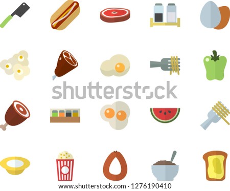 Color flat icon set knives flat vector, spice, sausage, egg, watermelon, spaghetti on a fork, hot dog, dish, porridge, ham, chop, bell pepper, popcorn, scrambled eggs, sandwich