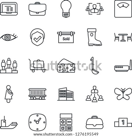 Thin Line Icon Set - baggage trolley vector, cafe, pedestal, calculator, notebook pc, bulb, boot, butterfly, scales, eye, pregnancy, railroad, sea shipping, shield, clock, hr, hierarchy, ladle, case