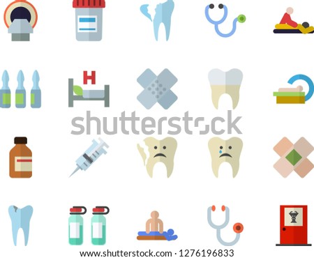 Color flat icon set vial flat vector, syringe, stethoscope, hospital bed, massage, patch, ampoule, tomograph, caries, broken tooth, dental crowns, doctor's office fector