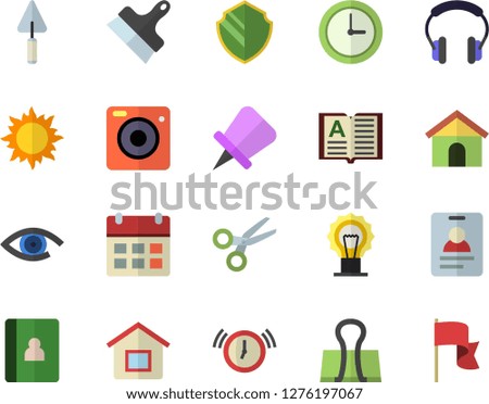 Color flat icon set trowel flat vector, putty knife, sun, security fector, house, scissors, badge, calendar, binder clip, drawing pin, clock, alarm, eye, lamp, book, camera, notebook, headset