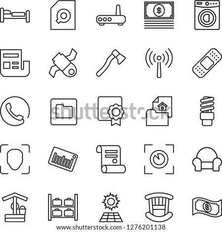 Thin Line Icon Set - antenna vector, bed, luggage storage, contract, well, axe, patch, satellite, barcode, folder, face id, sertificate, news, document search, sun panel, estate, children room, cash