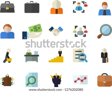 Color flat icon set case flat vector, person, investments, headache, briefcase, recruitment, magnifier, office worker, point diagram, meeting, agreement, businessman, career ladder, user
