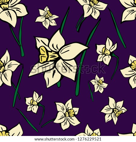 Vector seamless flower pattern. Yellow flowers, daffodils on a purple background