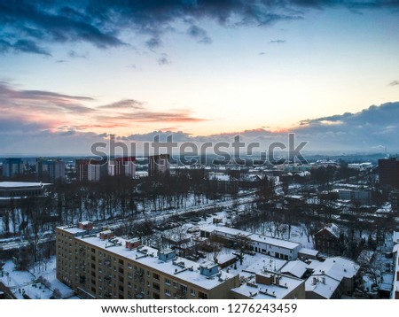 Colorful sunset over the skyline of Zabrze city