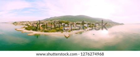Turquoise waterfront of Split village view, Tourist vocational resort hotel coast line in Dalmatia, Croatia. 360 panoramic photography.