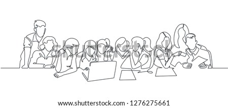 Group of people working continuous one line vector drawing. Students preparing to exams, doing homework hand drawn characters. Coworking. Job meeting, discussion. Minimalistic contour illustration Royalty-Free Stock Photo #1276275661
