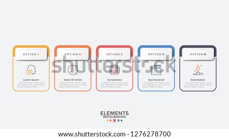 Five colorful rectangular elements organized in horizontal row. Modern infographic design template. Concept of 5 strategic steps of business development. Vector illustration for process visualization. Royalty-Free Stock Photo #1276278700