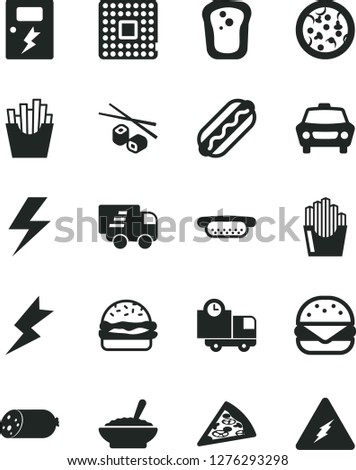 Solid Black Vector Icon Set - lightning vector, dangers, car, delivery, sausage, pizza, piece of, Hot Dog, mini, big burger, a bowl buckwheat porridge, French fries, fried potato slices, sandwich