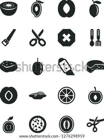 Solid Black Vector Icon Set - scissors vector, mark of injury, iron fork spoons, arm saw, knife, cheese, pizza, slices onion, piece meat, plum, half mango, peach, melon, cherry, passion fruit, lemon
