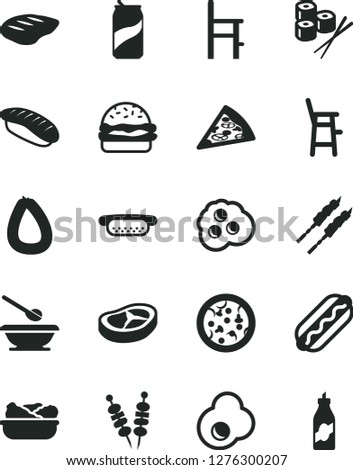 Solid Black Vector Icon Set - plates and spoons vector, a chair for feeding, child, stick of sausage, fried vegetables on sticks, pizza, piece, Hot Dog, mini, burger, lettuce in plate, bacon, chop