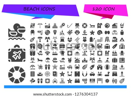  beach icon set. 120 filled beach icons. Simple modern icons about  - Pelican, Lifebuoy, Luggage, Flippers, Palm tree, Beach, Buoy, Kite, Snorkel, Chair, Swimming pool, Beach ball