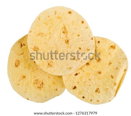 Three empty wheat tortilla flat lay top view isolated on white background